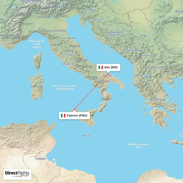Palermo - Bari direct flight map