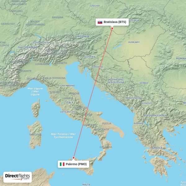 Palermo - Bratislava direct flight map