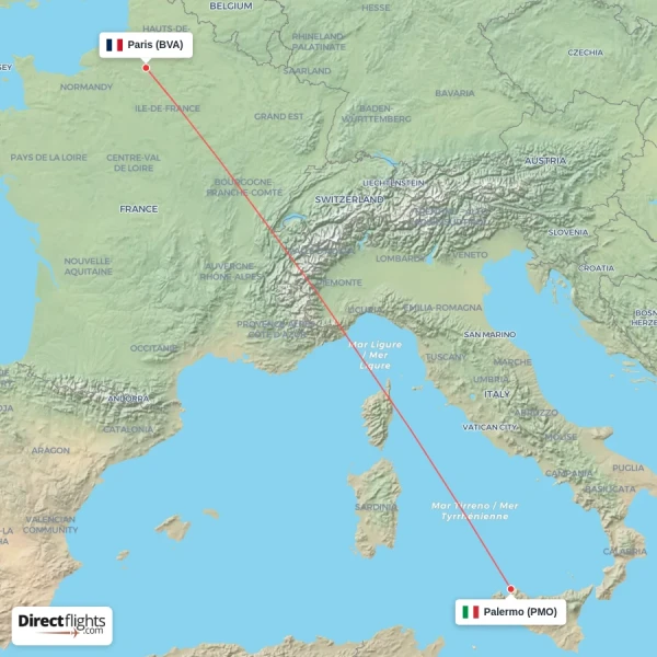 Palermo - Paris direct flight map