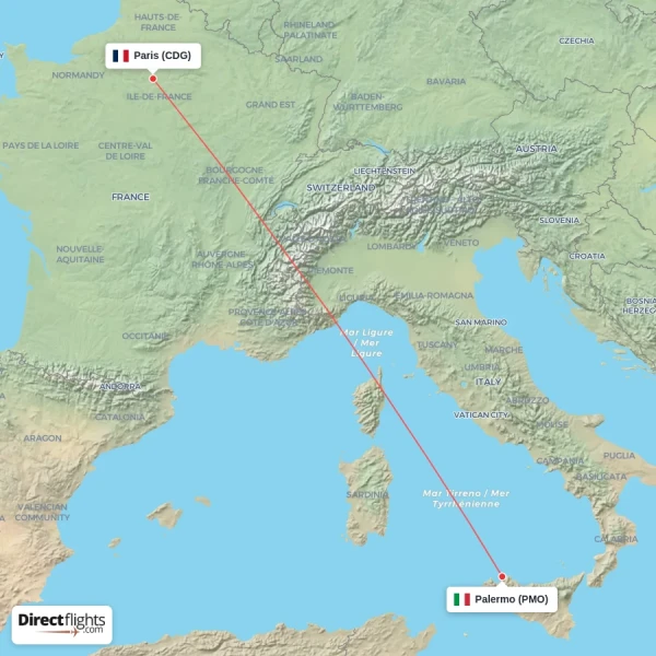 Palermo - Paris direct flight map