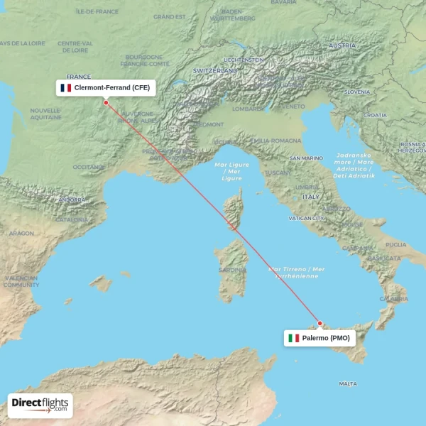 Palermo - Clermont-Ferrand direct flight map