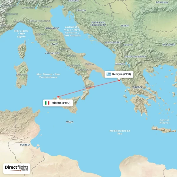 Palermo - Kerkyra direct flight map