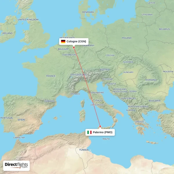 Palermo - Cologne direct flight map