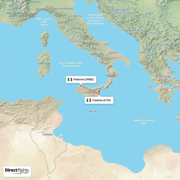 Palermo - Catania direct flight map