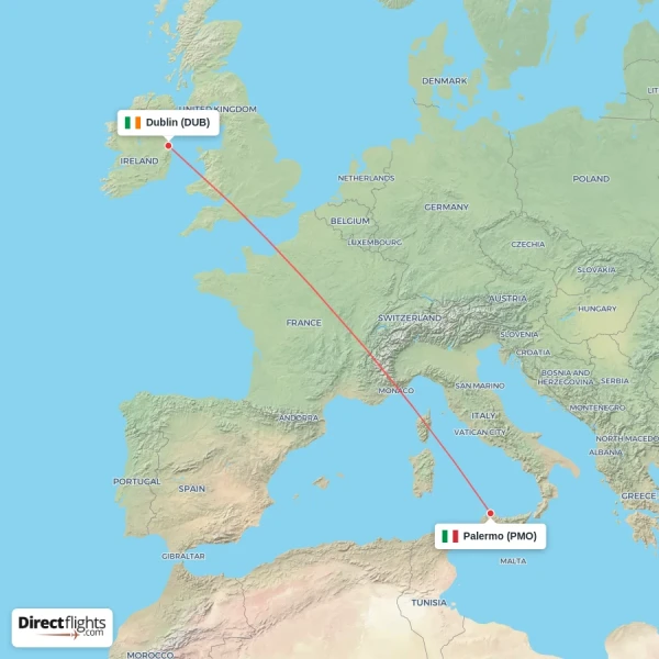 Palermo - Dublin direct flight map