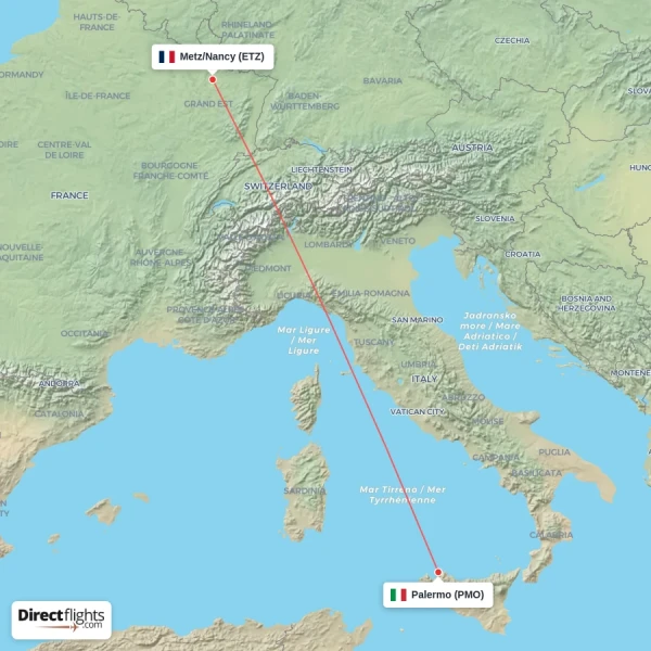 Palermo - Metz/Nancy direct flight map