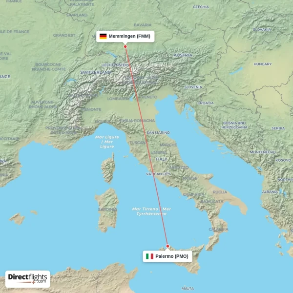 Palermo - Memmingen direct flight map