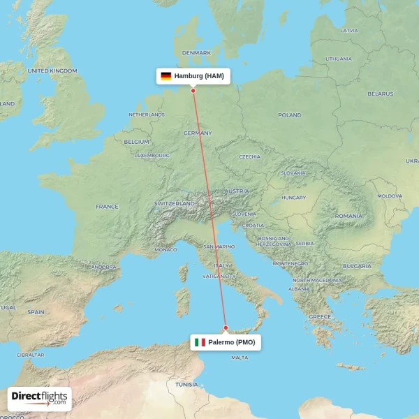 Palermo - Hamburg direct flight map