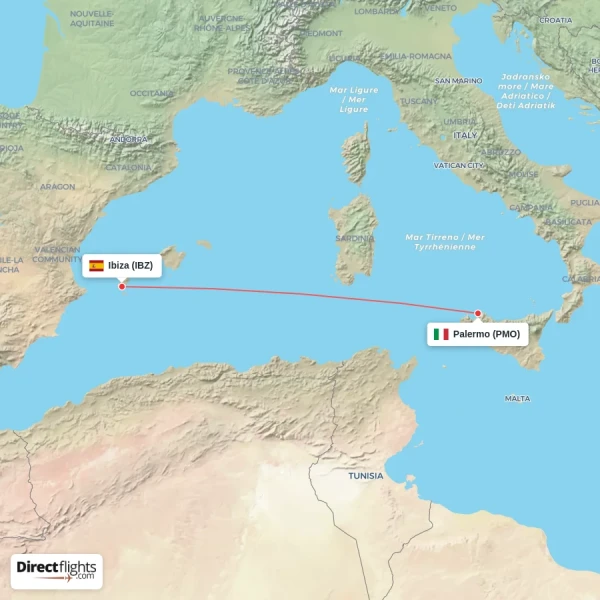 Palermo - Ibiza direct flight map