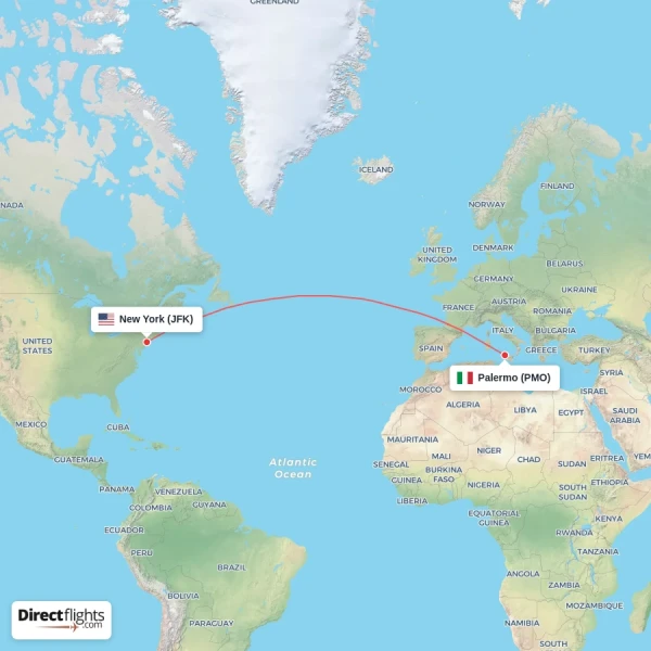 Palermo - New York direct flight map