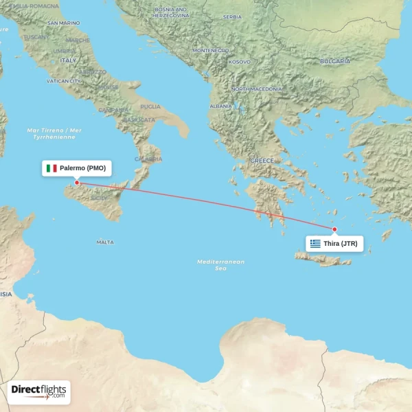 Palermo - Thira direct flight map