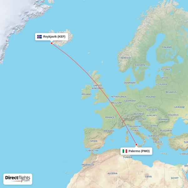 Palermo - Reykjavik direct flight map