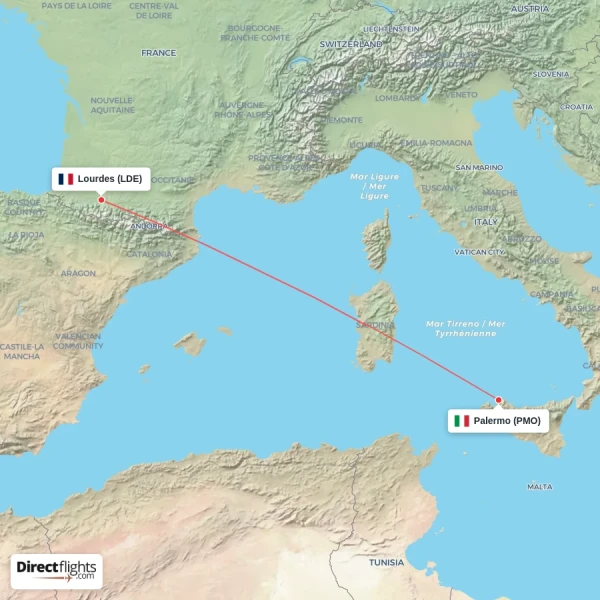 Palermo - Lourdes direct flight map