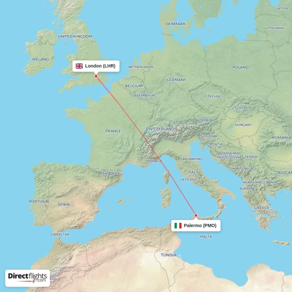 Palermo - London direct flight map