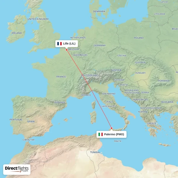 Palermo - Lille direct flight map