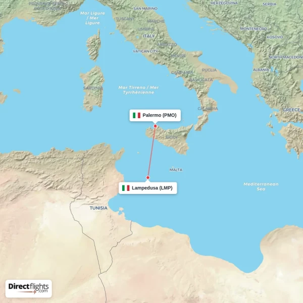 Palermo - Lampedusa direct flight map