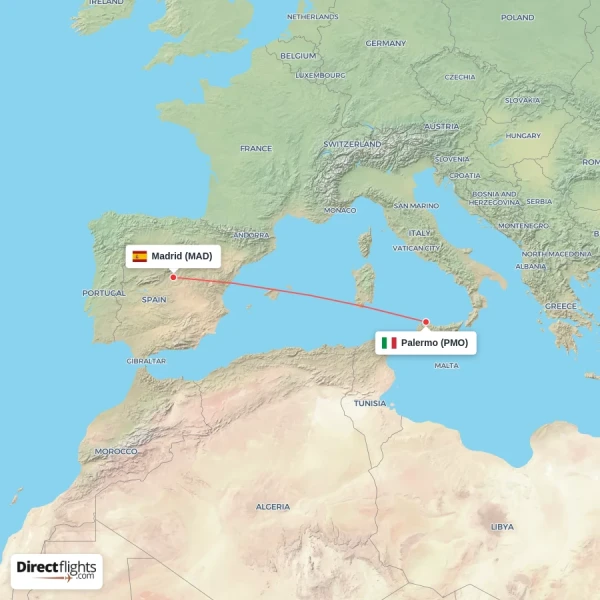 Palermo - Madrid direct flight map