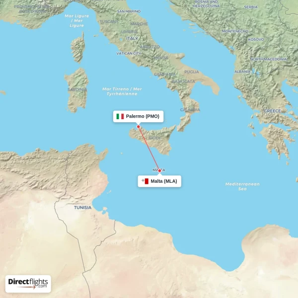 Palermo - Malta direct flight map