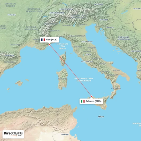 Palermo - Nice direct flight map