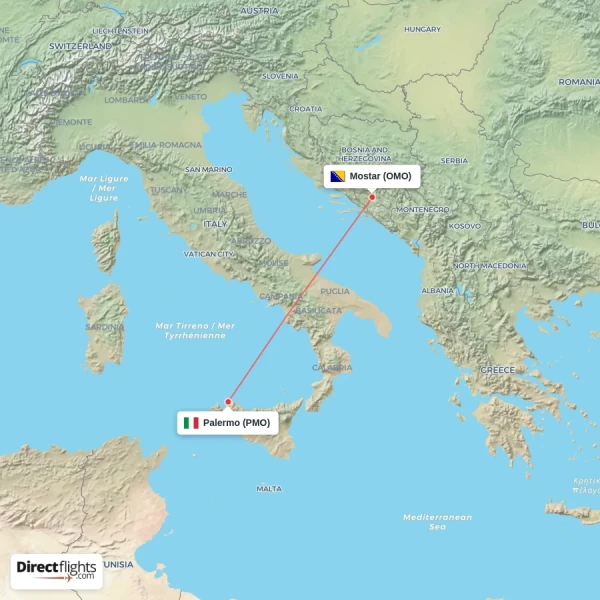 Palermo - Mostar direct flight map