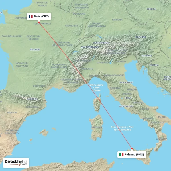 Palermo - Paris direct flight map