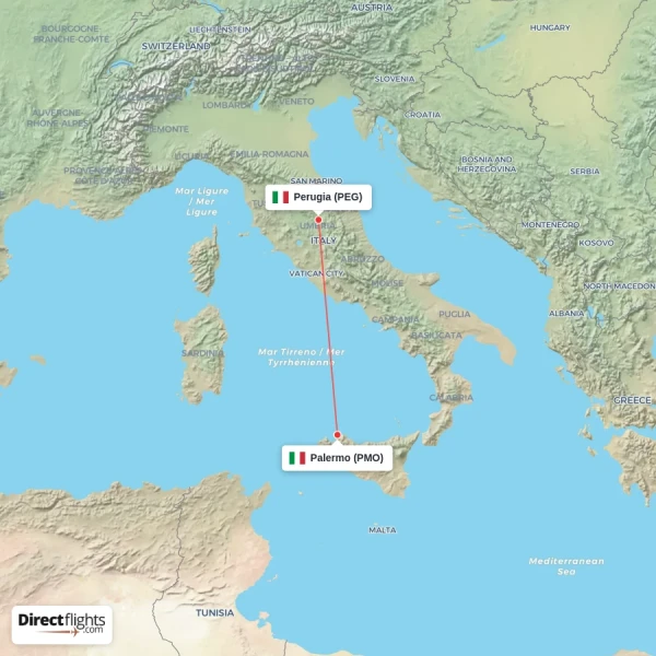 Palermo - Perugia direct flight map