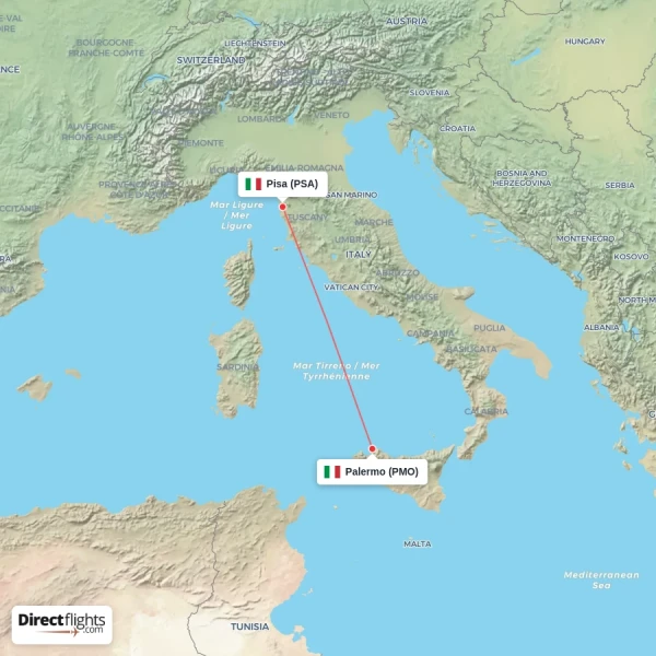 Palermo - Pisa direct flight map