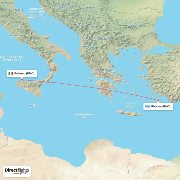 Palermo - Rhodes direct flight map