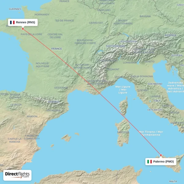 Palermo - Rennes direct flight map
