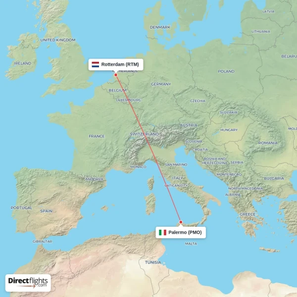 Palermo - Rotterdam direct flight map