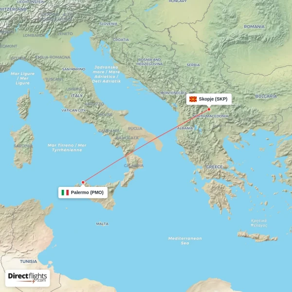 Palermo - Skopje direct flight map