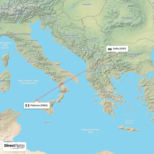 Palermo - Sofia direct flight map