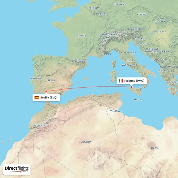 Palermo - Sevilla direct flight map