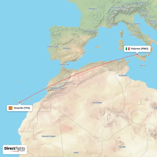 Palermo - Tenerife direct flight map
