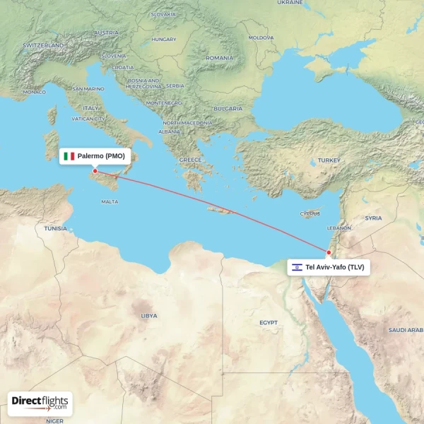 Palermo - Tel Aviv-Yafo direct flight map