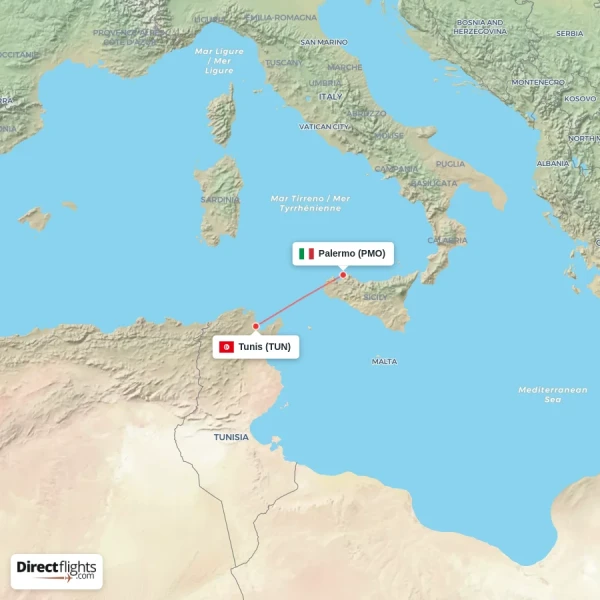 Palermo - Tunis direct flight map