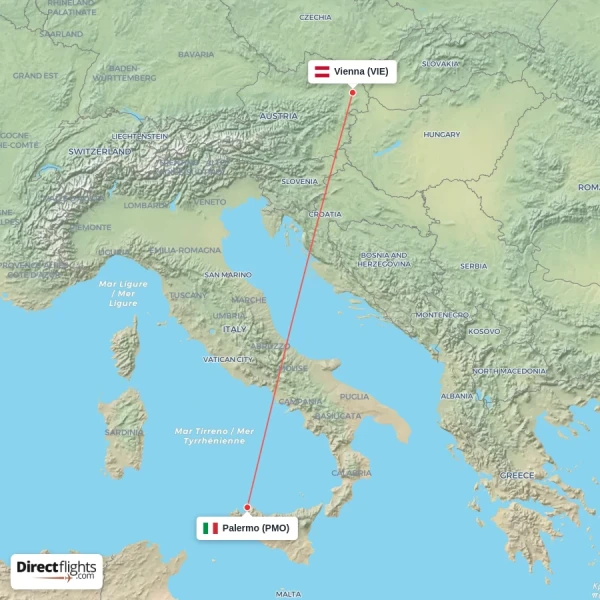 Palermo - Vienna direct flight map
