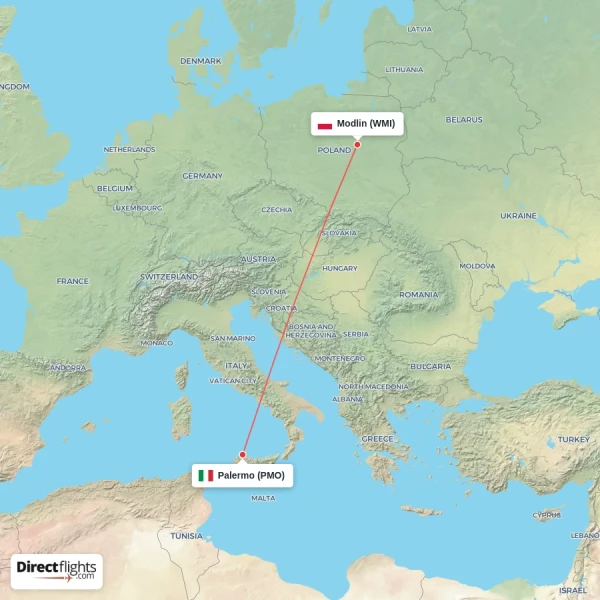 Palermo - Modlin direct flight map