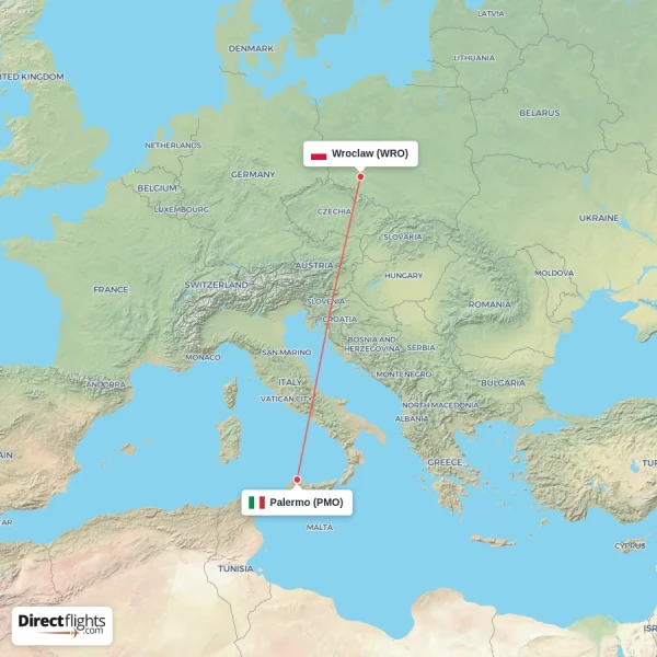 Palermo - Wroclaw direct flight map