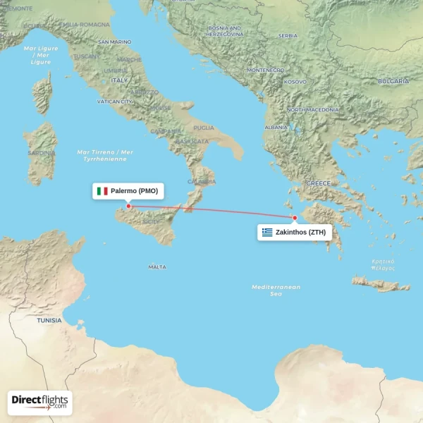 Palermo - Zakinthos direct flight map