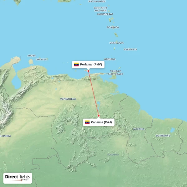 Porlamar - Canaima direct flight map