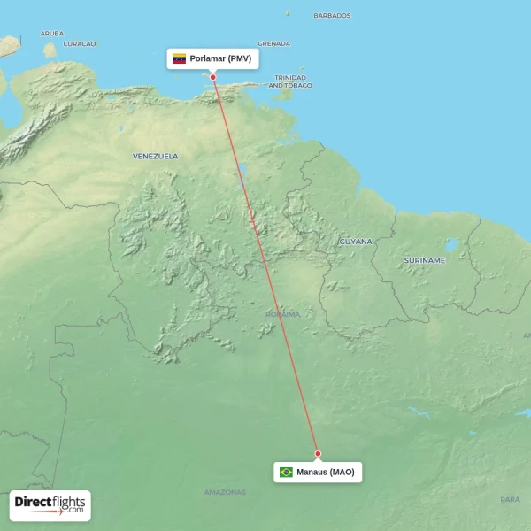 Porlamar - Manaus direct flight map