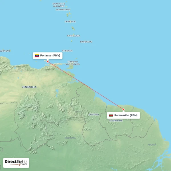 Porlamar - Paramaribo direct flight map