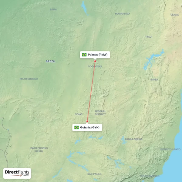 Palmas - Goiania direct flight map