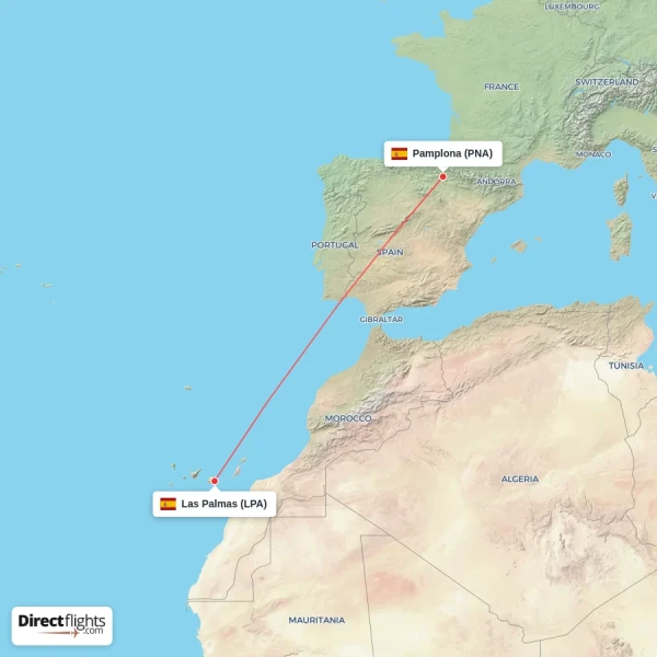 Pamplona - Las Palmas direct flight map