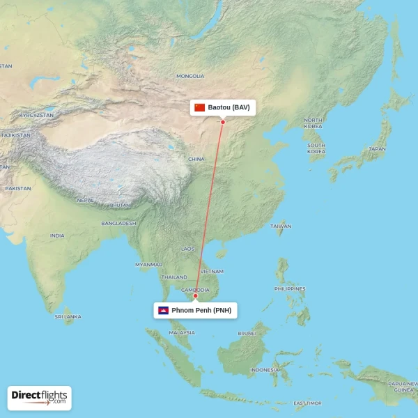 Phnom Penh - Baotou direct flight map