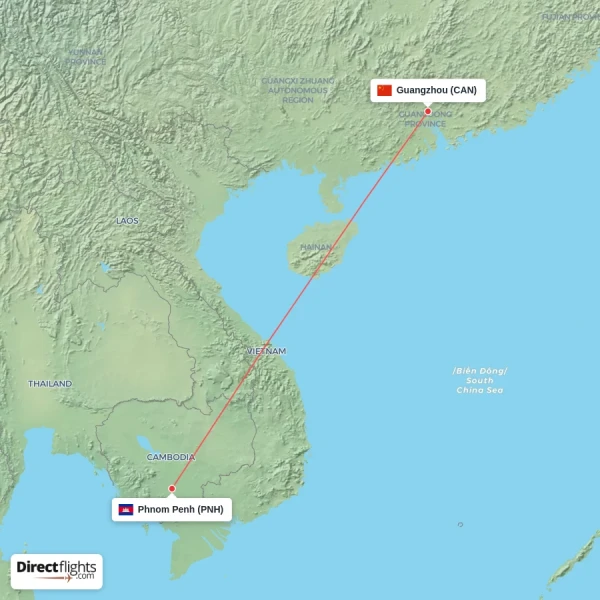 Phnom Penh - Guangzhou direct flight map