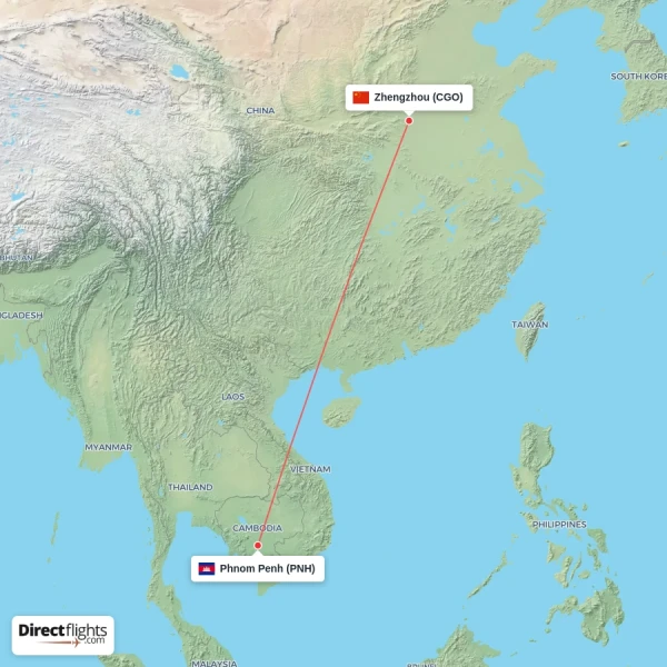 Phnom Penh - Zhengzhou direct flight map