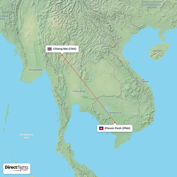 Phnom Penh - Chiang Mai direct flight map