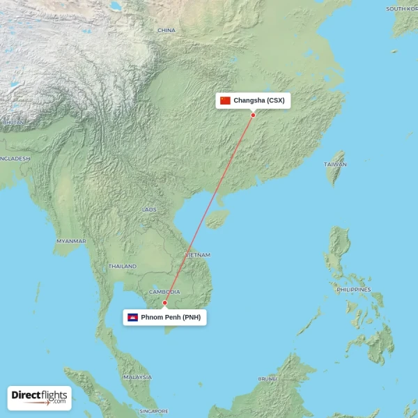 Phnom Penh - Changsha direct flight map